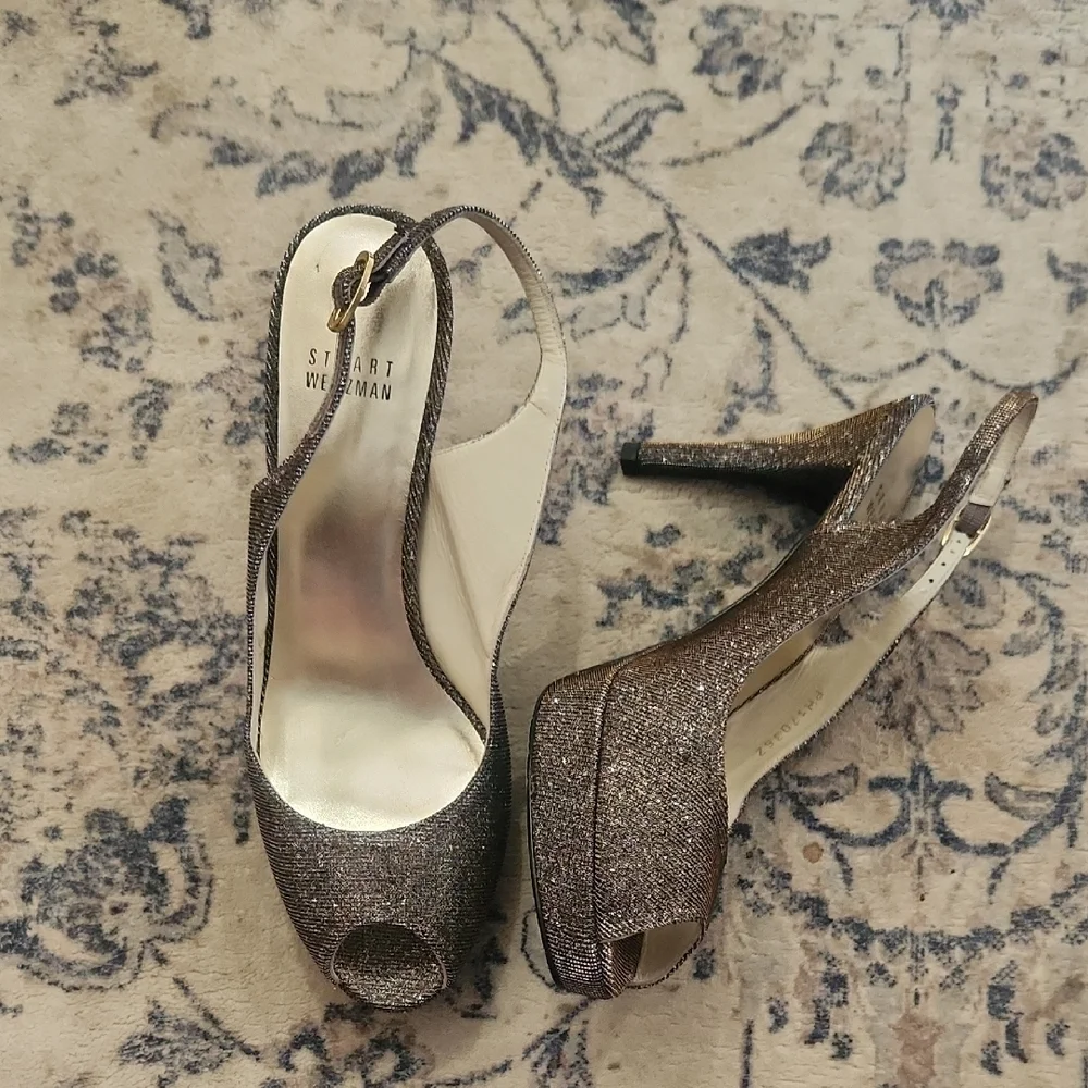 Stuart Weitzman Platform Sparkle Shimmer Pyrite Peeptoe Slingback Heel Size 8 - Picture 1 of 8